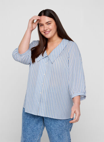 Raidallinen paitapusero suurella kauluksella , Light Blue Stripe, Model image number 0