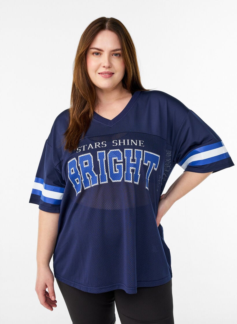 V-aukollinen treenipaita etupuolen printill&auml;, Sininen, Model image number 0