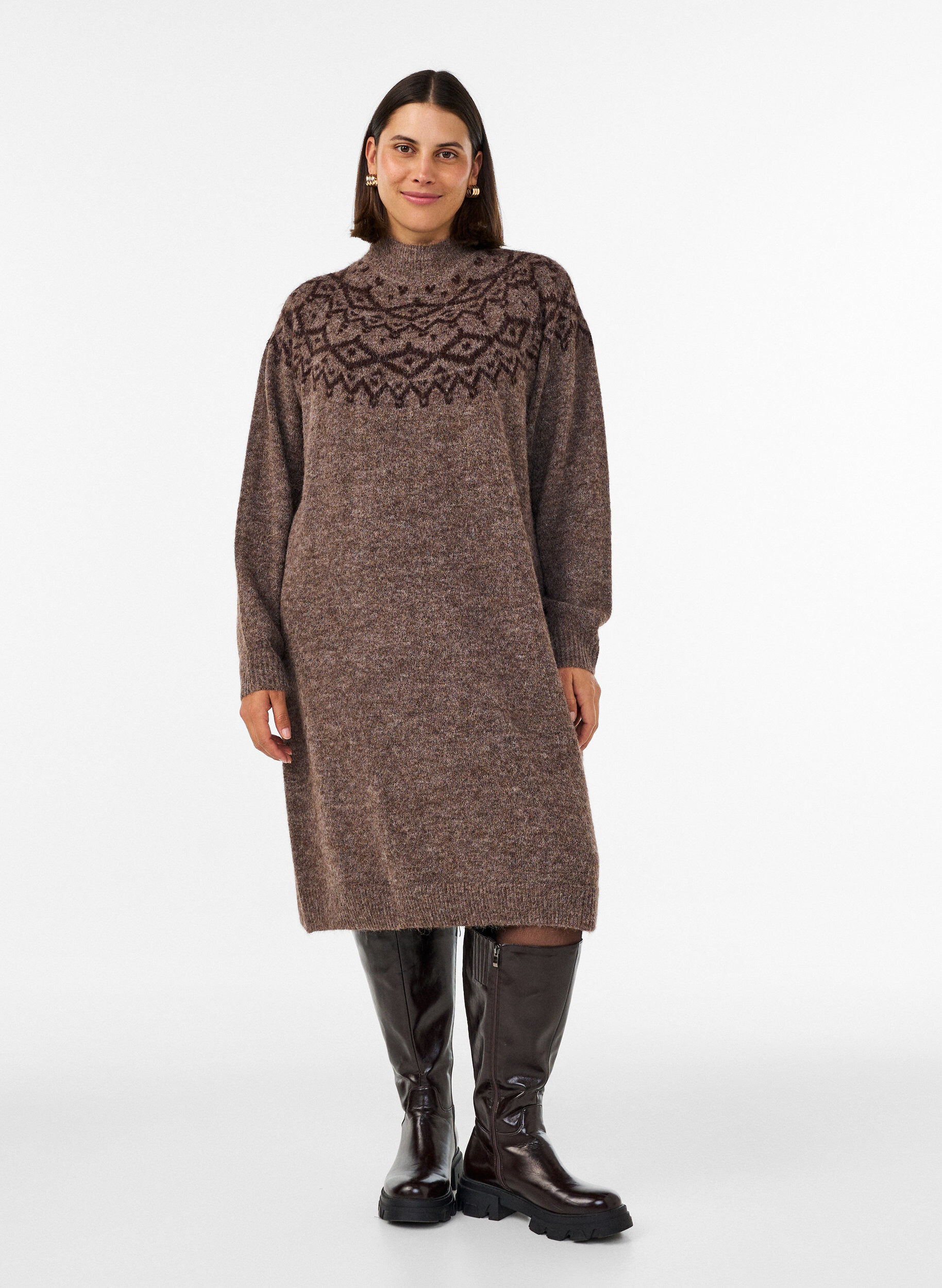 Neulemekko jacquard-kuviolla, Ruskea, Model
