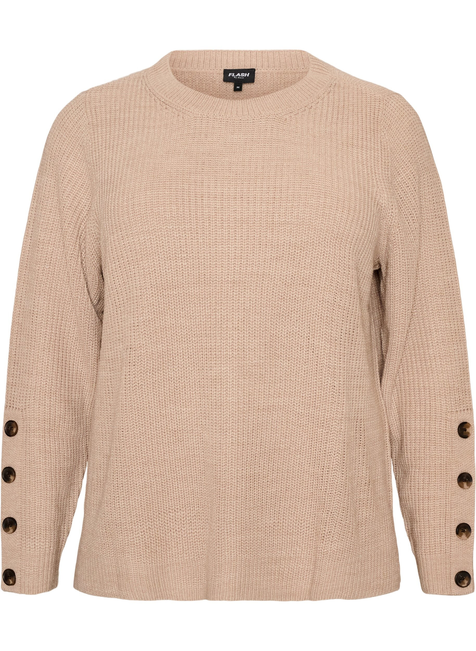 ZizziNeulepusero ribbineuloksella ja nappiyksityiskohdilla, Beige, Packshot image number 0