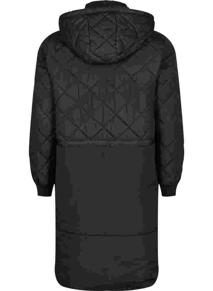 Tikattu takki hupulla ja säädettävällä vyötäröllä, Black, Packshot image number 1
