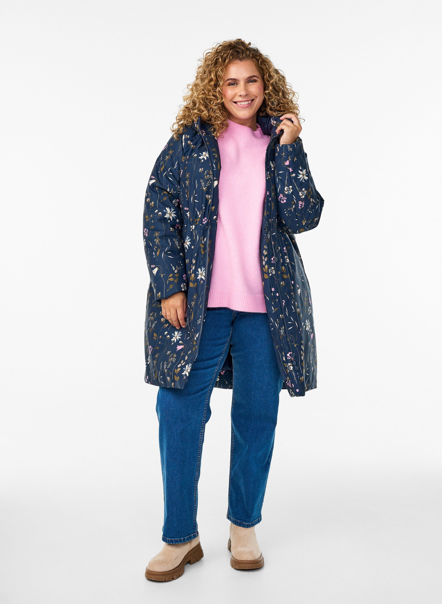 ZizziTopattu talvitakki kukkakuosilla, Sininen, Model image number 1