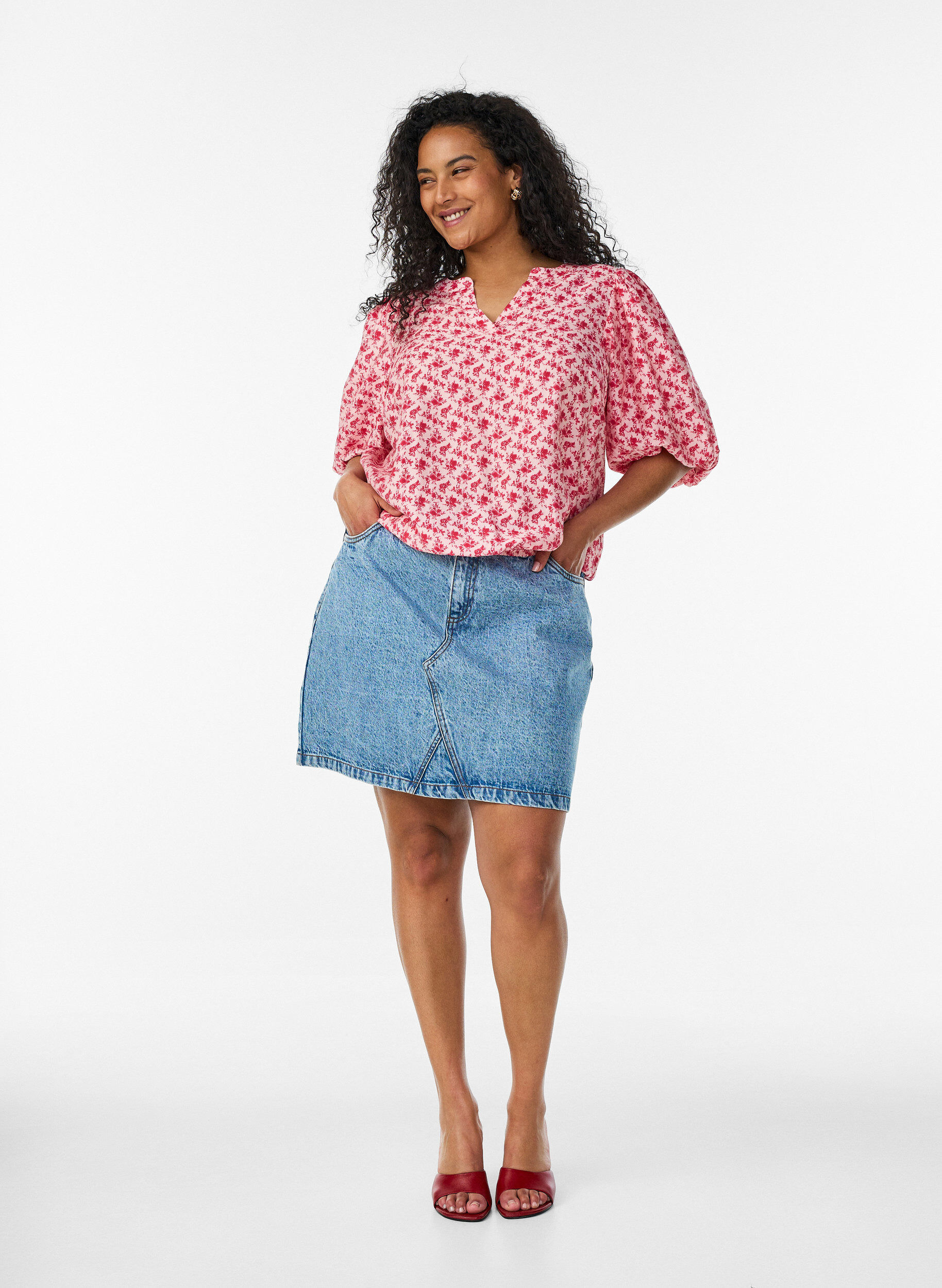 ZizziKukkaisviskoosipusero pallohihoilla, Punainen, Model image number 1