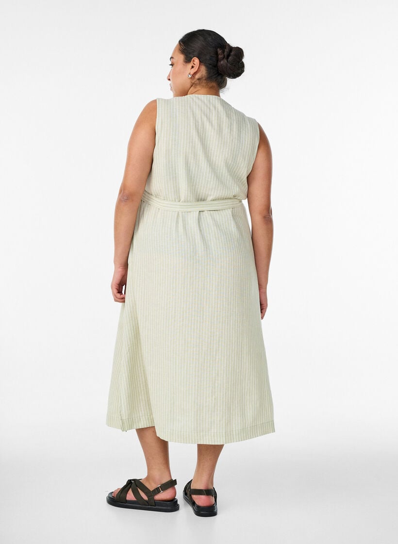 Hihaton raidallinen midimekko pellavasta ja viskoosista, Vihre&auml;, Model image number 1