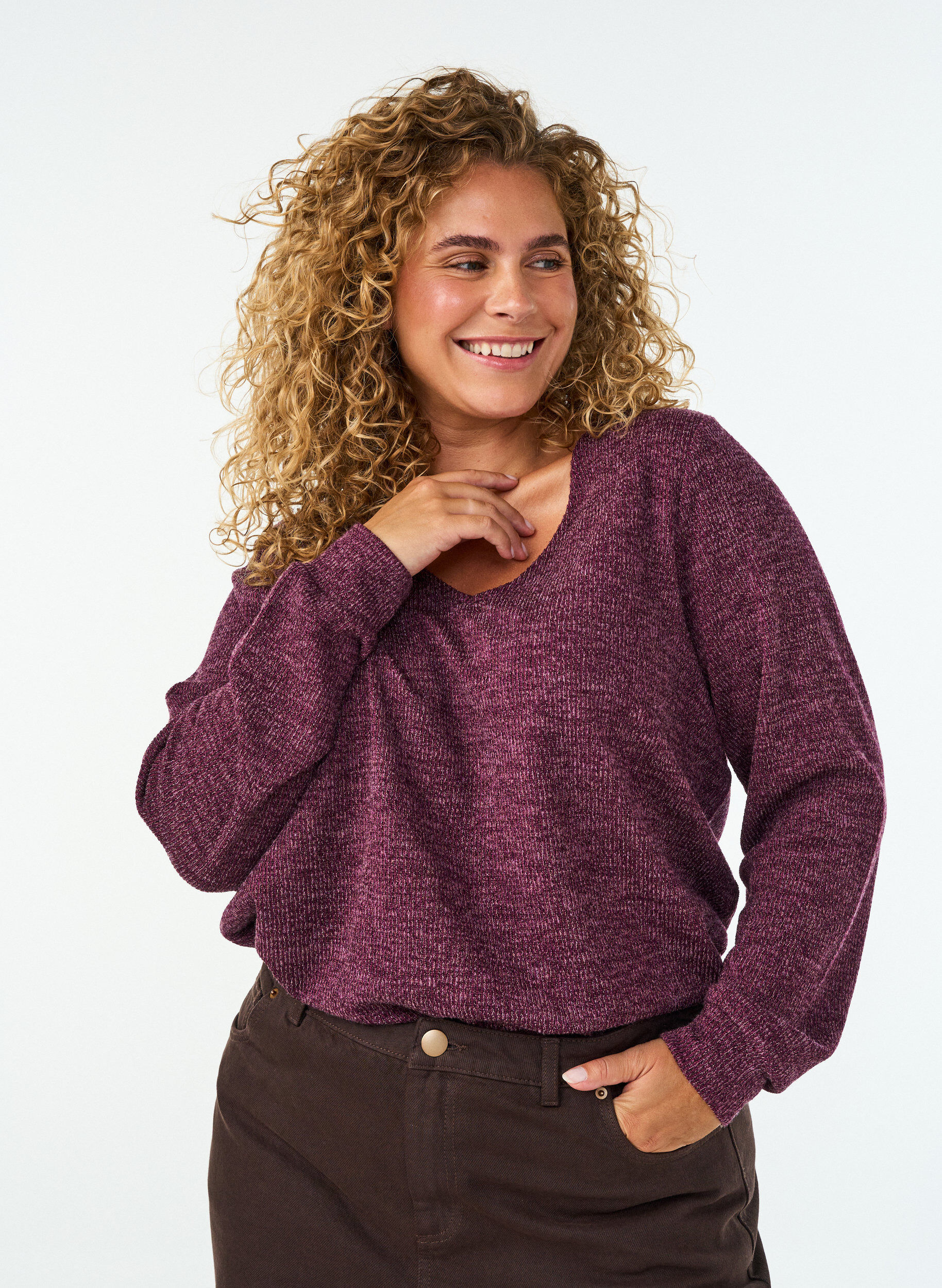 ZizziJerseypusero V-p&auml;&auml;ntiell&auml; ja pitk&auml;t hihat, Tumma Bordeaux, Model image number 0