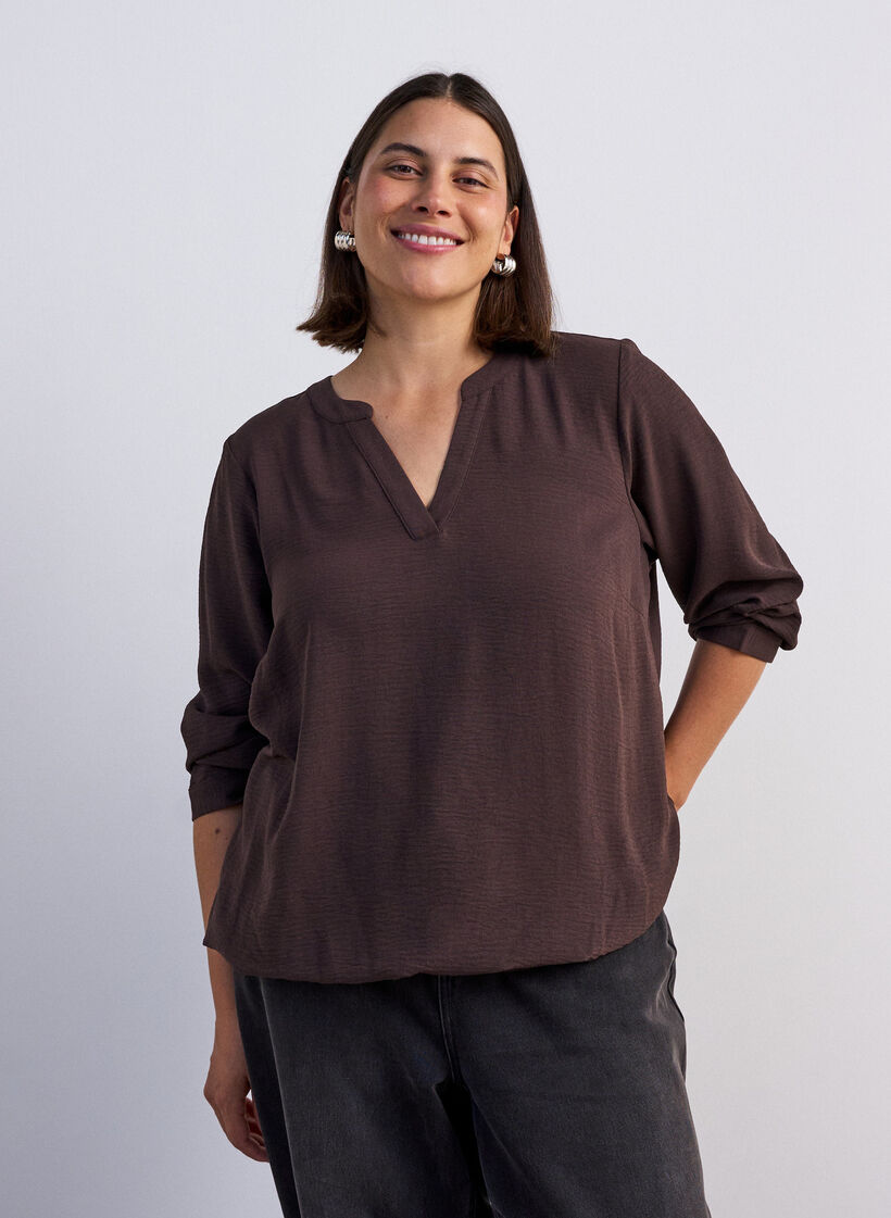 Pusero pallomaisella siluetilla ja V-p&auml;&auml;ntiell&auml;, Ruskea, Model image number 0