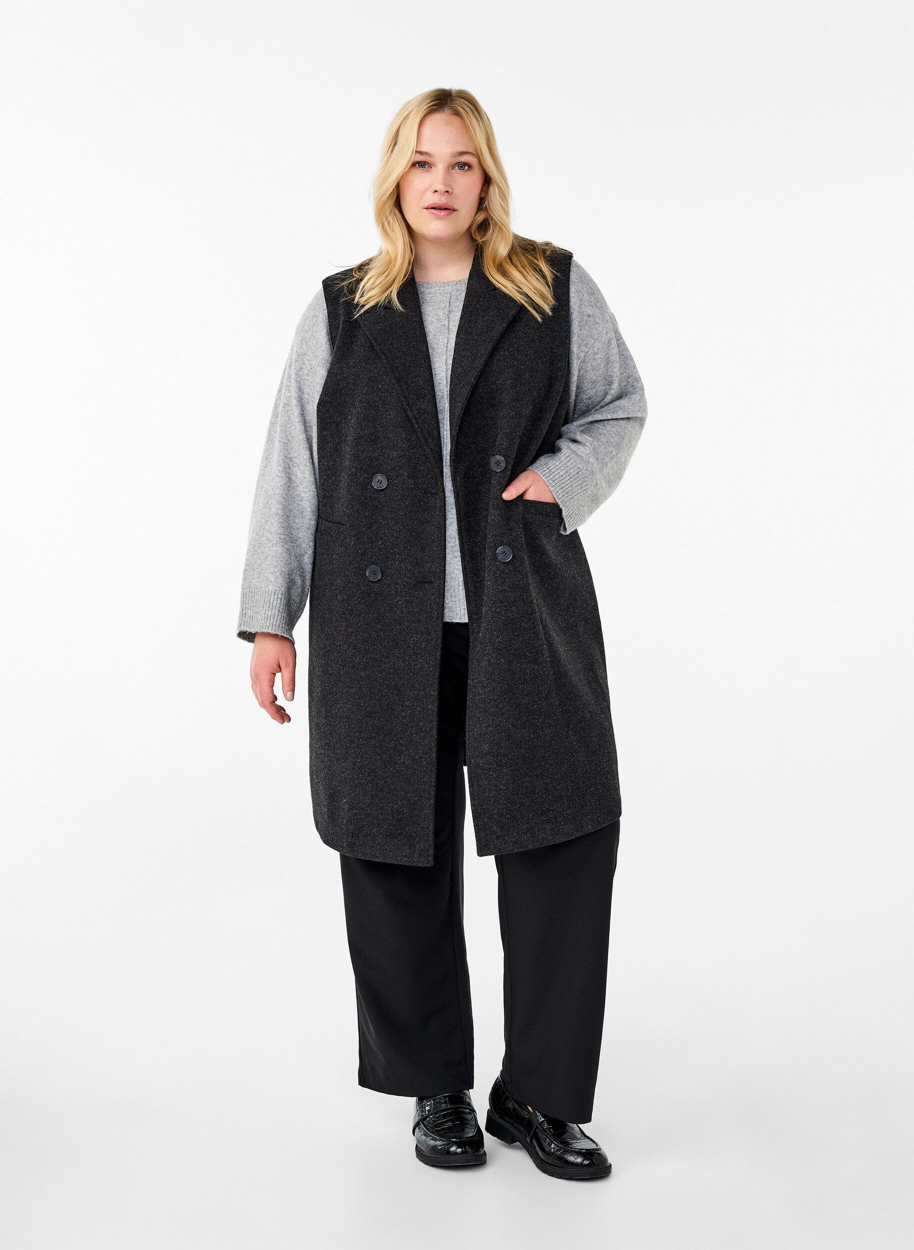 Zizzi Pitk&auml;, villaiselta n&auml;ytt&auml;v&auml; liivi, Dark Grey Melange, Model image number 2