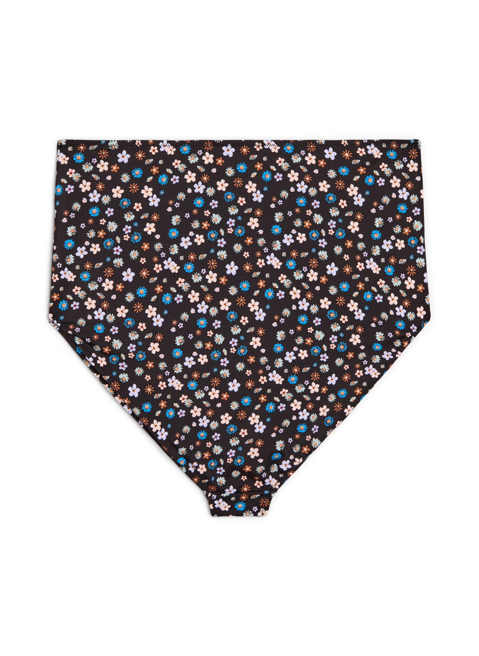 Zizzi Korkeavy&ouml;t&auml;r&ouml;inen bikinihousu kukkakuviolla, Ruskea, Packshot image number 1