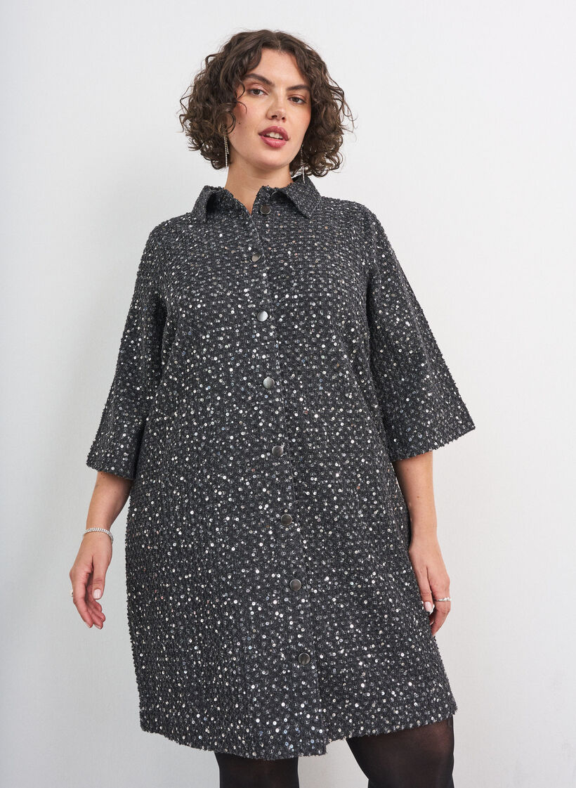 Farkkumekko paljeteilla ja 3/4-hihoilla, Musta, Model image number 0