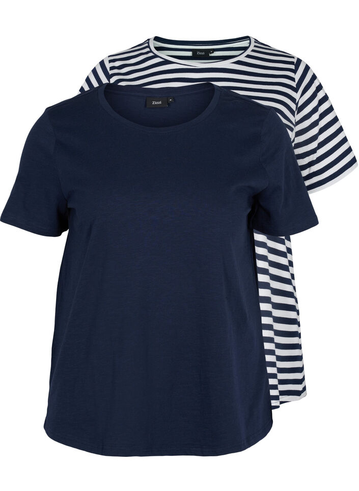 2 perus t-paitaa puuvillasta, Navy/Navy Stripe, Packshot image number 0