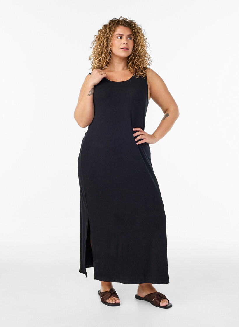 Hihaton ribattu mekko viskoosista, Musta, Model image number 0
