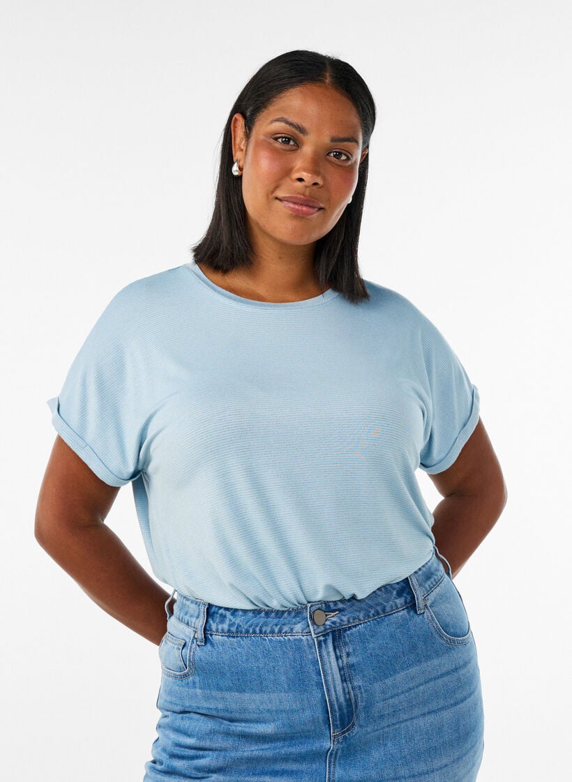 Viskoosi T-paita kimalle raidoilla, Sininen, Model image number 0