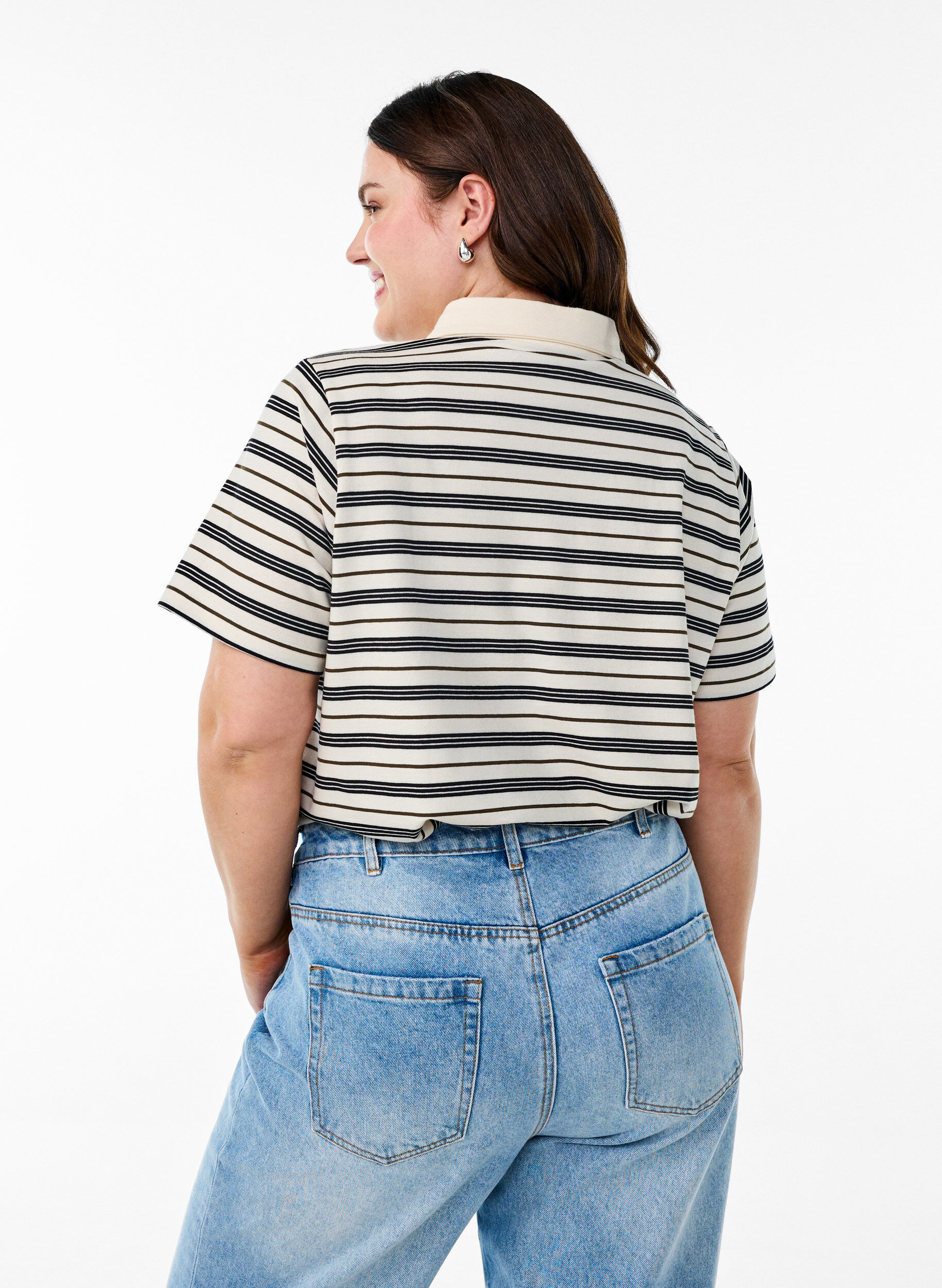 Zizzi Raidallinen pikeepaita lyhyill&auml; hihoilla, Valkoinen, Model image number 2