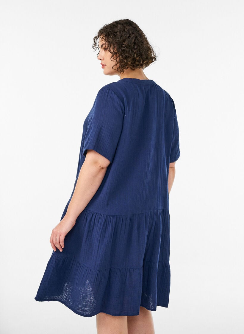 Lyhyt A-linjainen mekko puuvillamusliinista, Sininen, Model image number 2