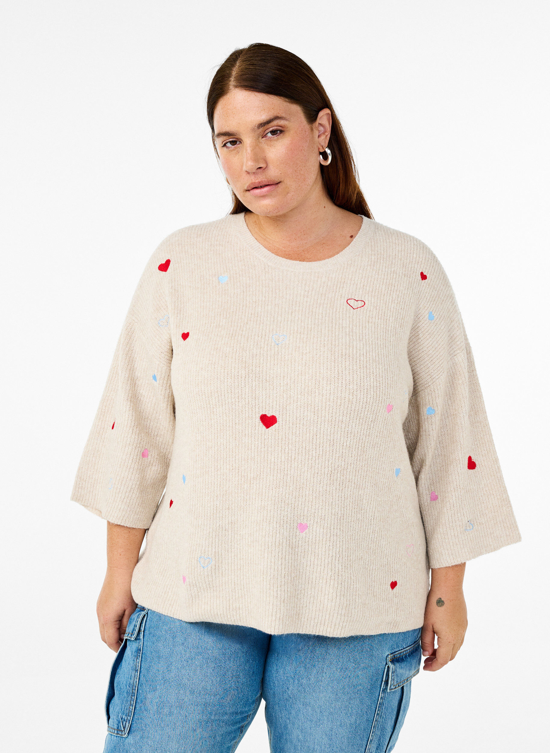 ZizziSyd&auml;nkuvioitu neulepusero 3/4-hihoilla, Beige, Model image number 0