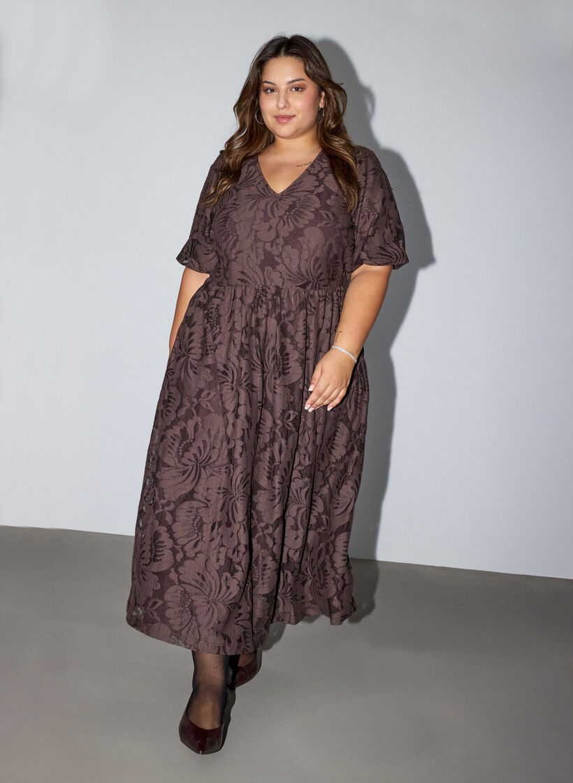 Midimekko kukkakuvioisesta jacquardista, Ruskea, Model image number 0