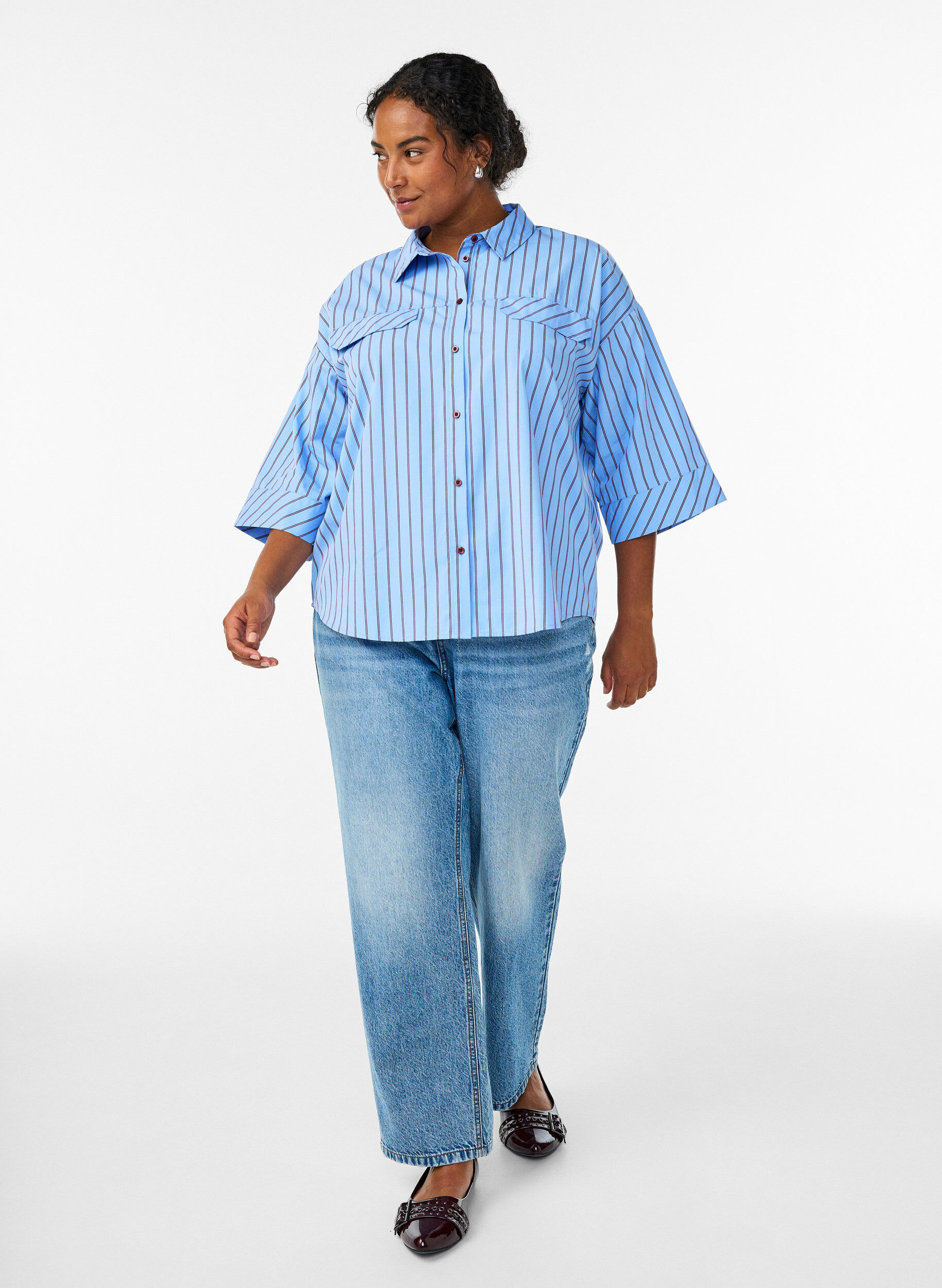 Zizzi Raidallinen puuvillapaita leveill&auml; hihoilla, Sininen, Model image number 1