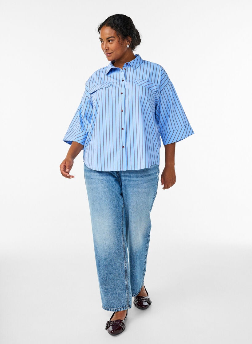 Raidallinen puuvillapaita leveillä hihoilla, Sininen, Model image number 1