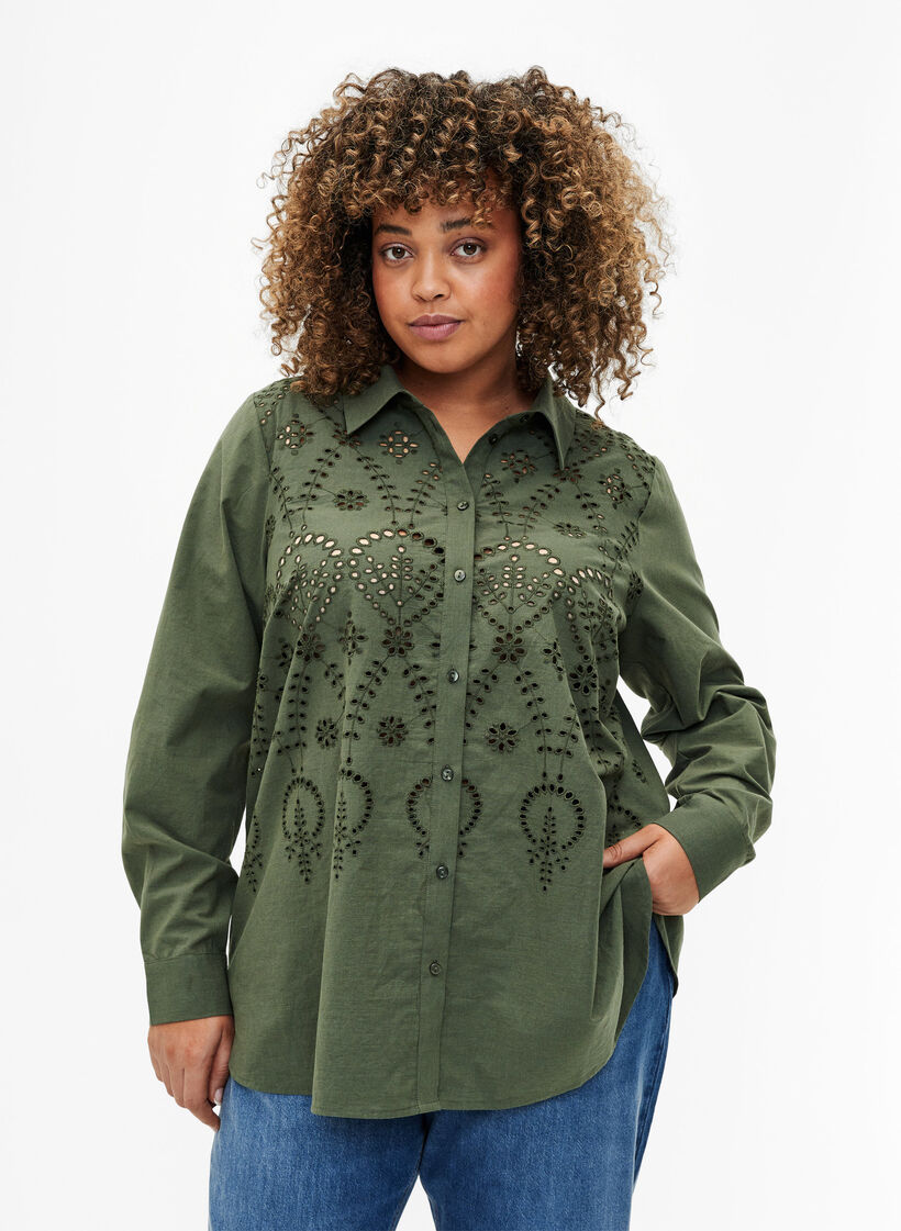 Puuvillapaita englantilaisella kirjailulla, Thyme, Model image number 0