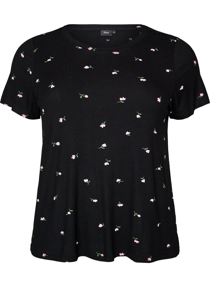 Pyjaman yl&auml;osa kukkakuviolla ja ribatulla tekstuurilla, Musta, Packshot image number 0
