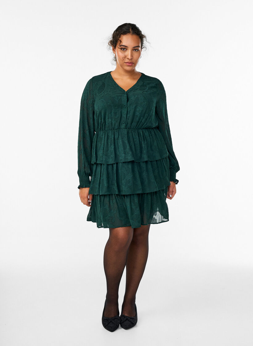 Lyhyt mekko r&ouml;yhel&ouml;ill&auml; ja kuviopinnalla, Vihre&auml;, Model image number 1