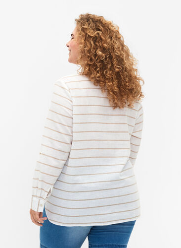 Puuvilla-pellavasekoitteinen paitapusero, jossa on napitus, White Taupe Stripe, Model image number 1