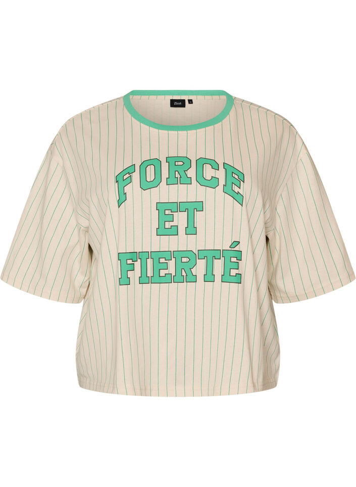 Boxy T-paita raidoilla ja statement-printill&auml;, Vanilja, Packshot image number 0