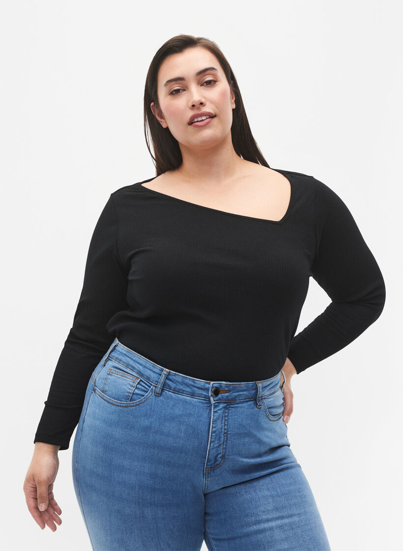 Pitkähihainen T-paita, jossa epäsymmetrinen leikkaus, Black, Model image number 0