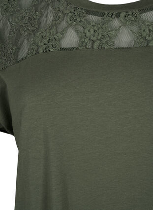 Lyhythihainen pitsikoristeltu t-paita puuvillaa, Thyme, Packshot image number 2