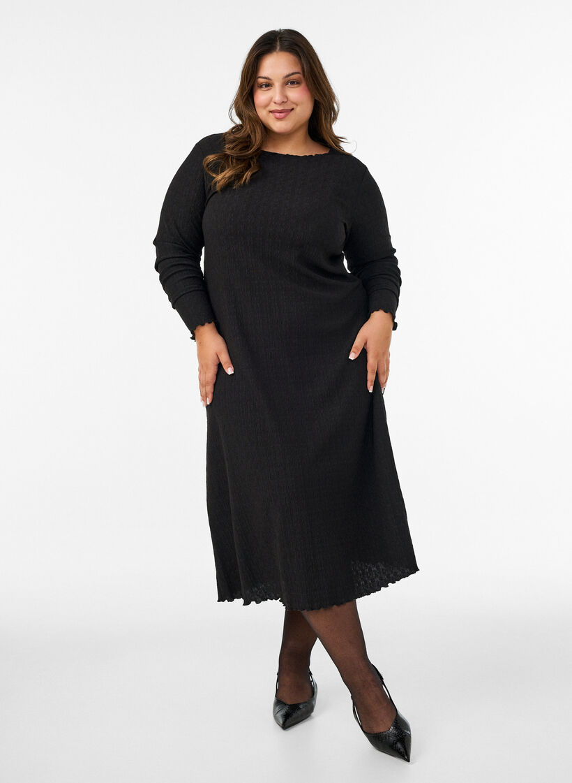 Midi-mekko aaltoilevalla tekstuurilla ja pitkill&auml; hihoilla, Musta, Model image number 1