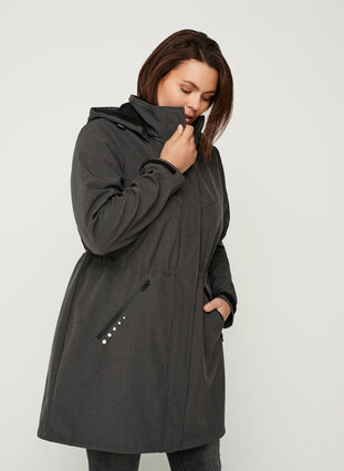 Pitkä hupullinen softshell-takki, Dark Grey Melange, Model image number 0