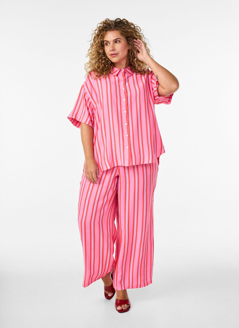 Raidallinen viskoosipaita lyhyill&auml; hihoilla, Vaaleanpunainen, Model image number 1