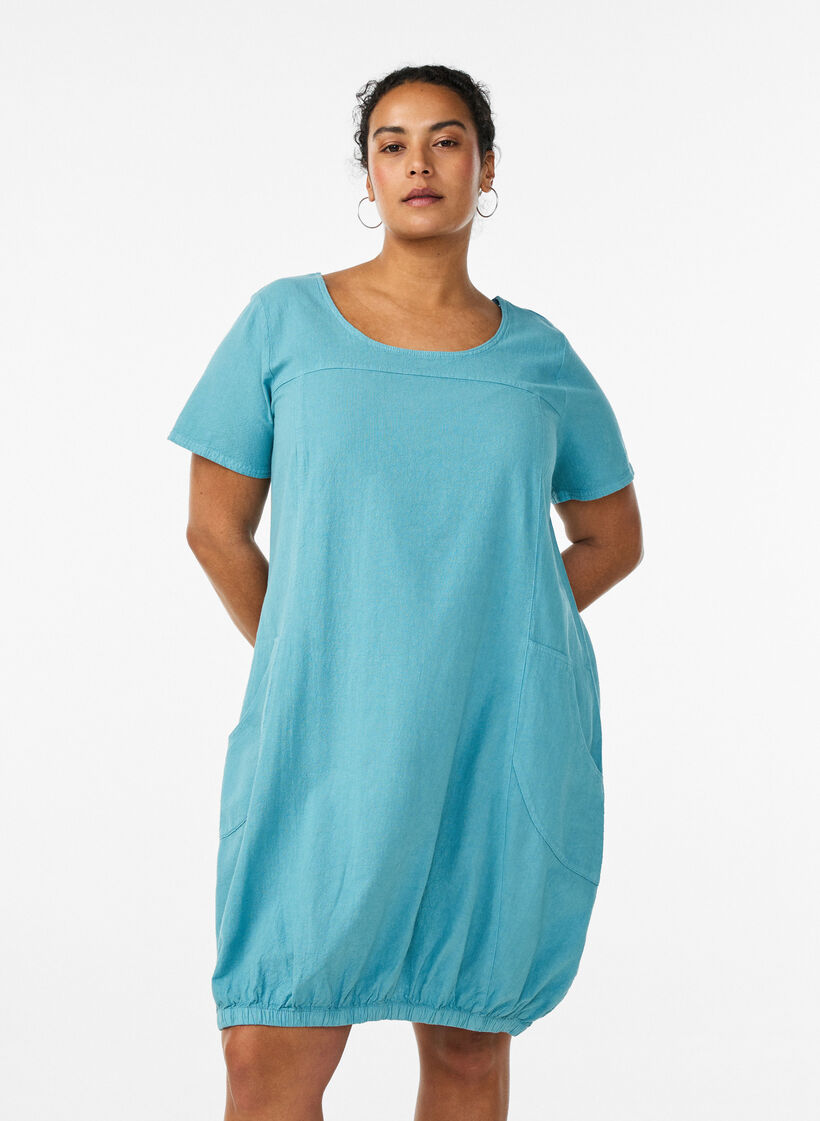 Lyhythihainen puuvillamekko, Sininen, Model image number 0