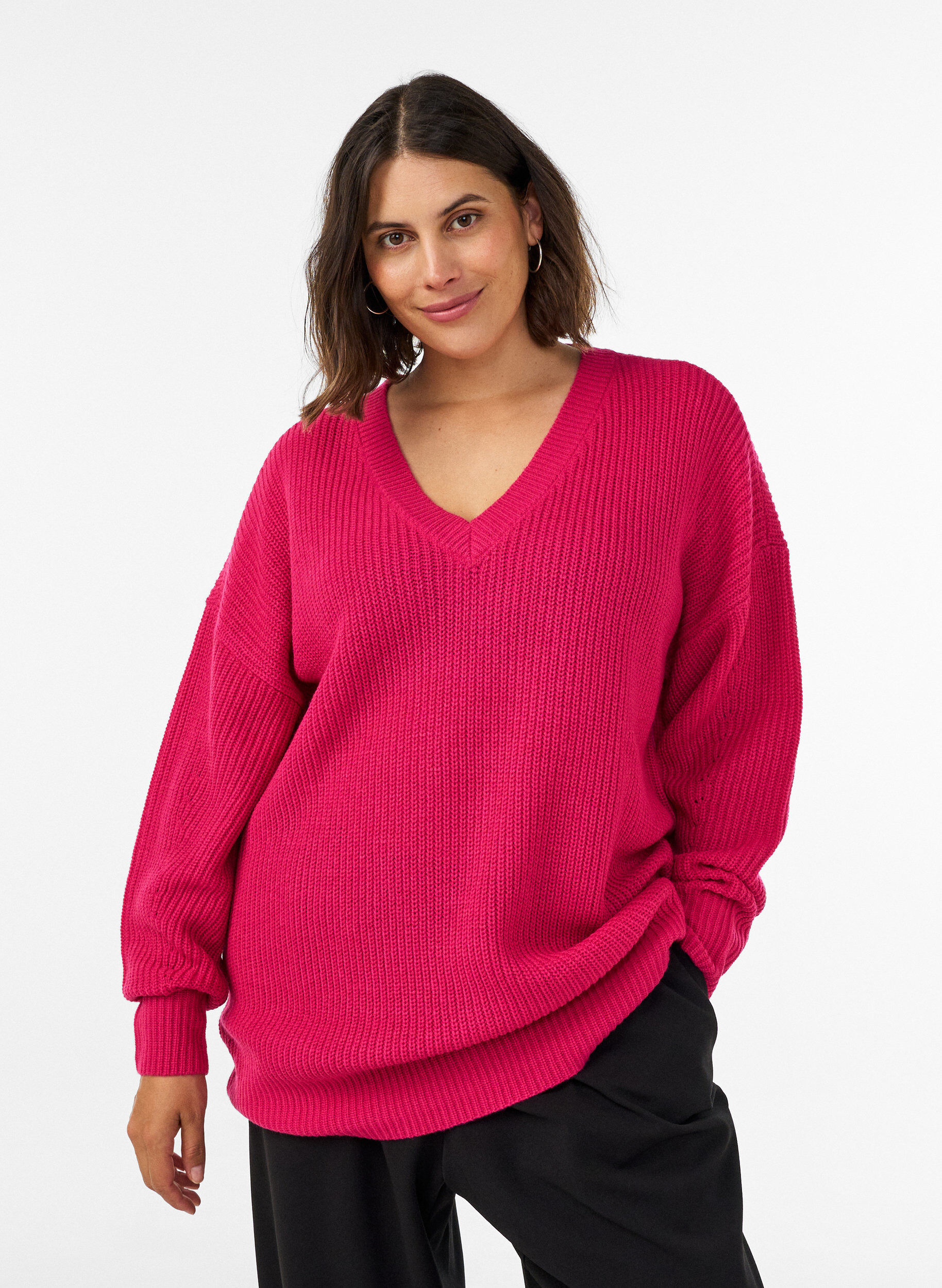 ZizziPitk&auml; ribbineulepusero V-p&auml;&auml;ntiell&auml;, Vaaleanpunainen, Model image number 0