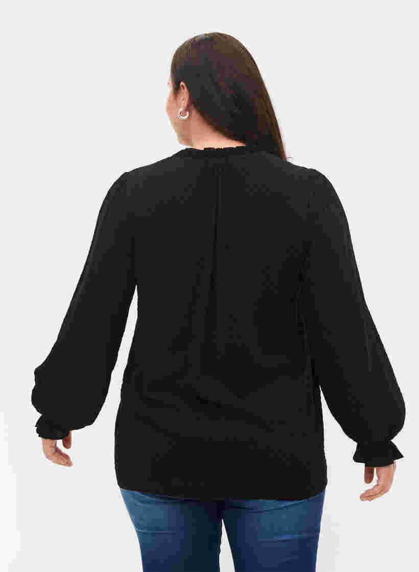 Pitkähihainen pusero smokkirypytyksellä ja röyhelöllä, Black, Model image number 1