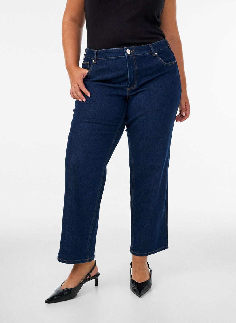 Cropped straight fit -farkut normaalilla vy&ouml;t&auml;r&ouml;ll&auml;, Sininen, Model image number 2
