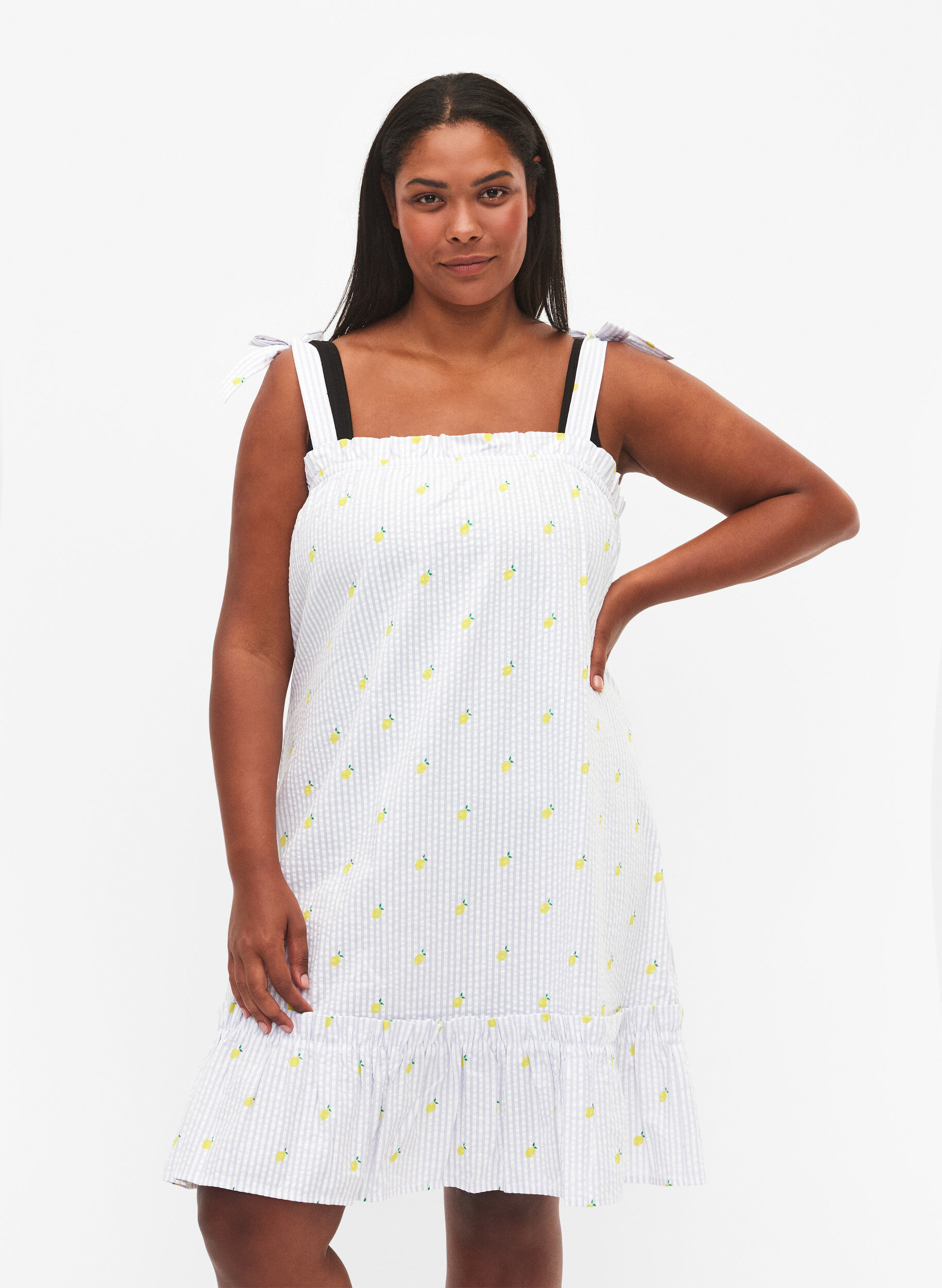 Zizzi Rantamekko puuvillasta olkaimilla, Lemon Print, Model image number 0