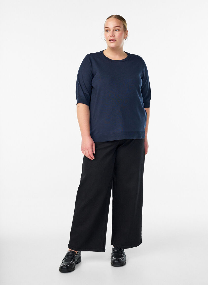 Hienoneulepusero lyhyill&auml; hihoilla, Sininen, Model image number 1