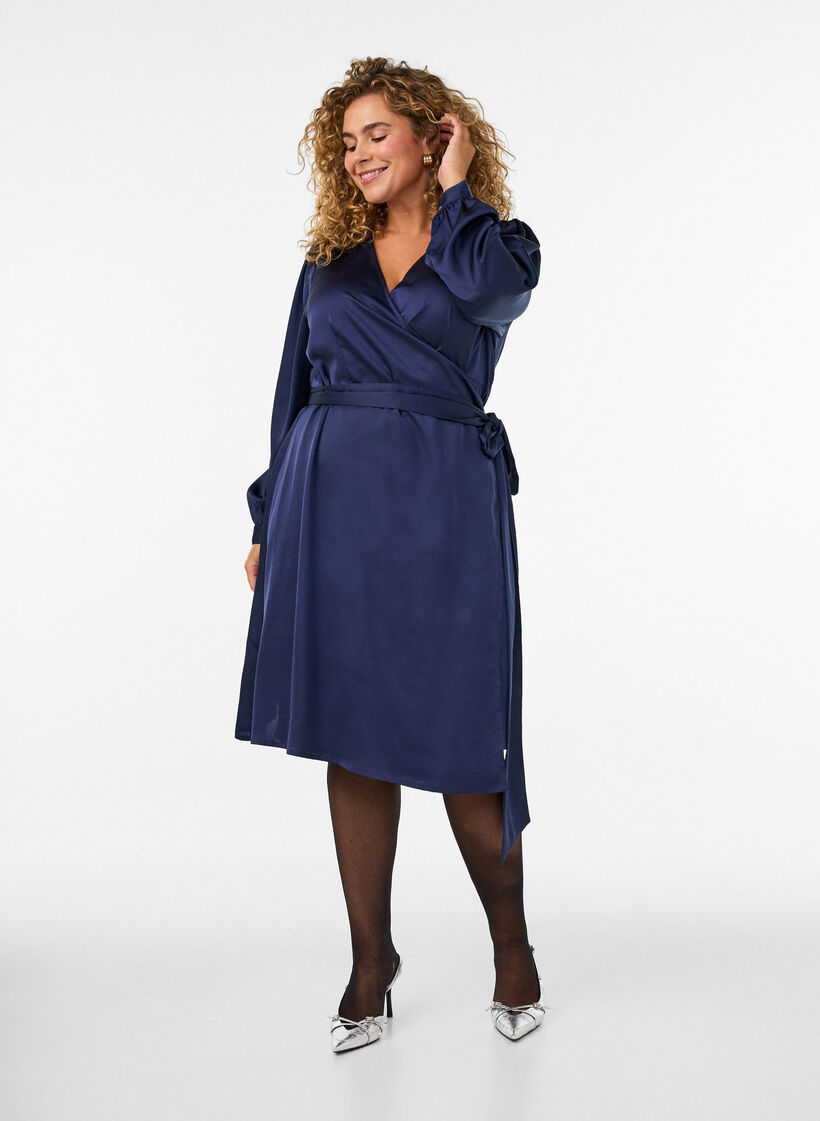 Lyhyt satiinimekko kietaisumallilla, Sininen, Model image number 1