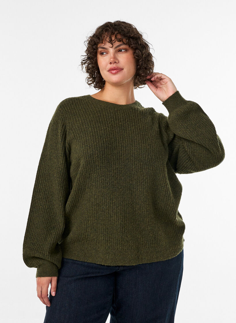 Ribattu neulepaita pallohihoilla, Vihre&auml;, Model image number 0