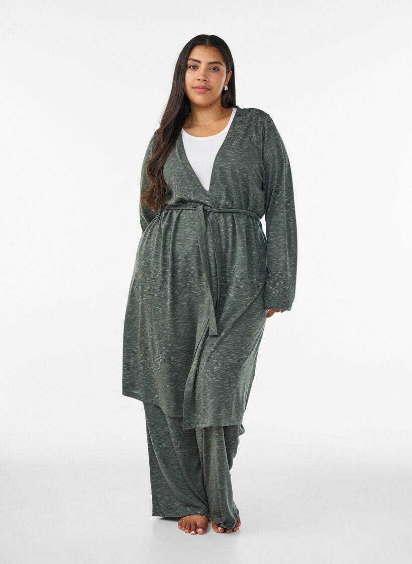 Pitk&auml; jersey-neuletakki solmittavalla vy&ouml;ll&auml;, Vihre&auml;, Model image number 0