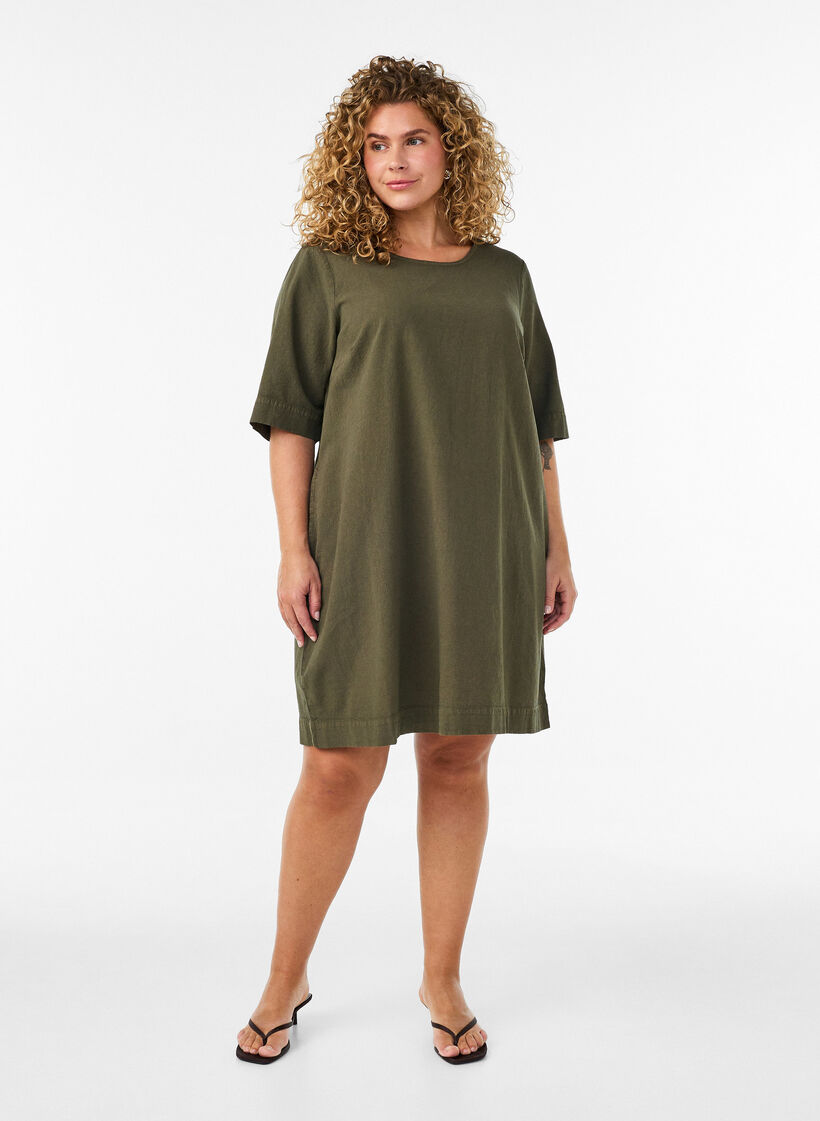 Puuvillamekko lyhyill&auml; hihoilla ja taskuilla, Vihre&auml;, Model image number 1