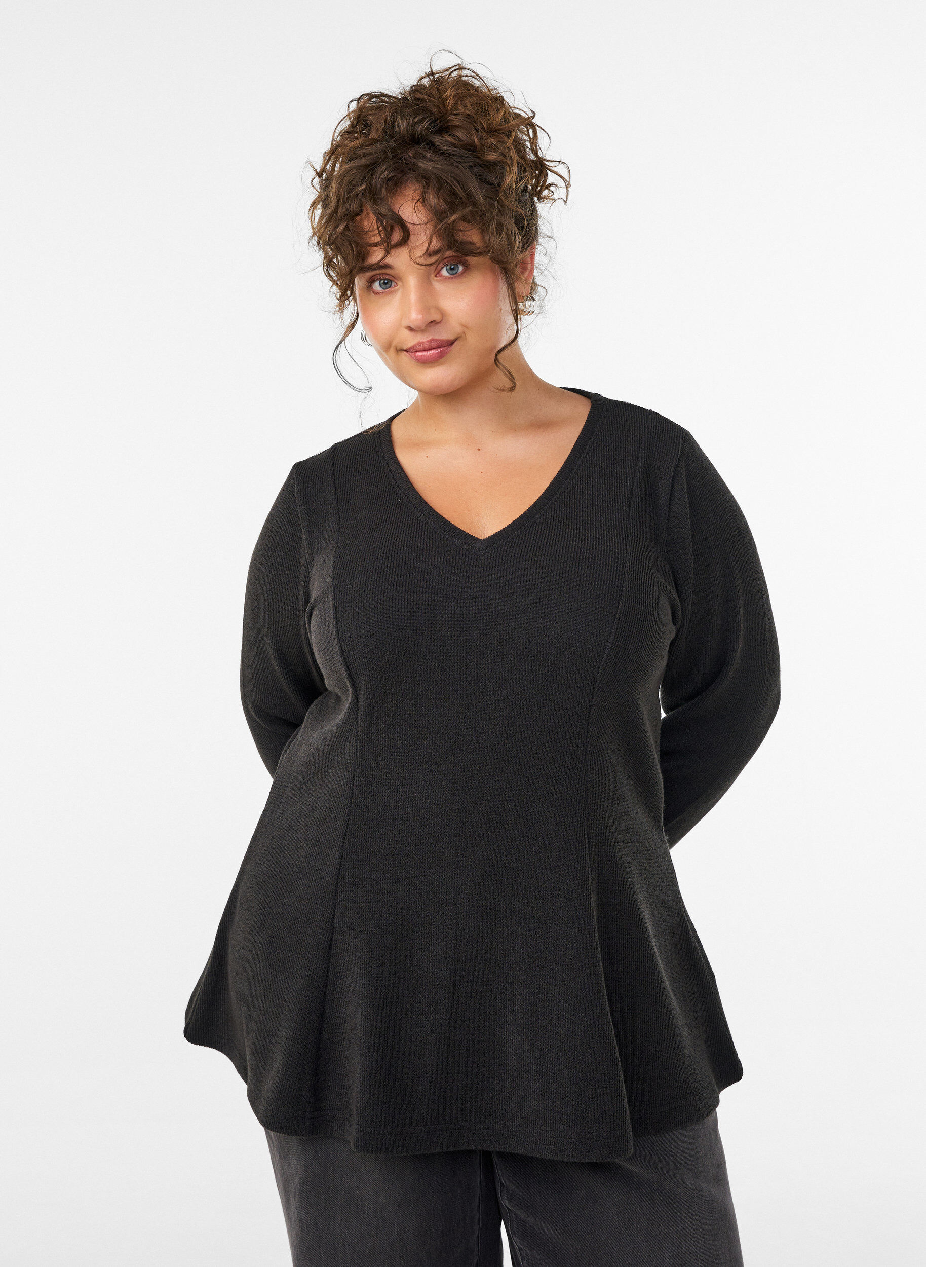 ZizziJerseypusero ribatulla pinnalla ja A-linjaisella mallilla, Musta, Model image number 0
