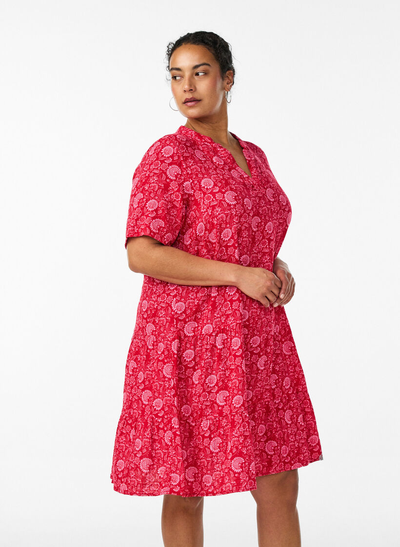 Lyhyt A-linjainen mekko puuvillamusliinista, Punainen, Model image number 0