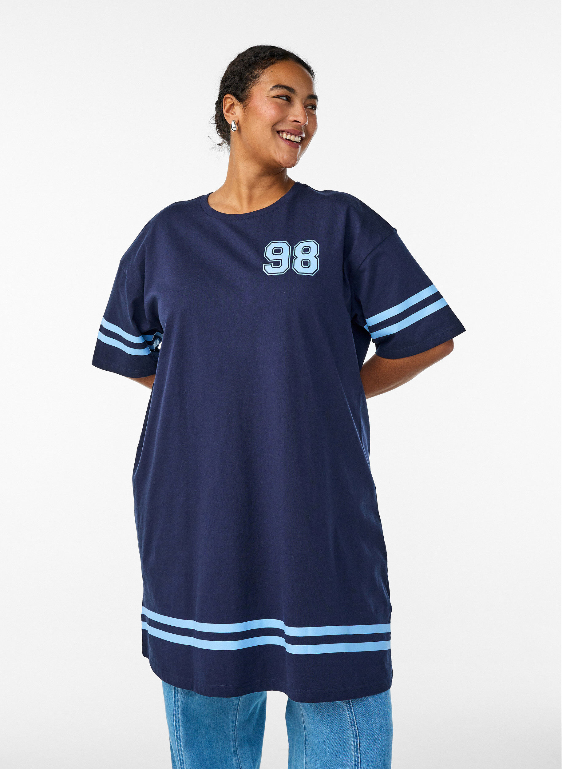 Lyhyt T-paitamekko sporttisilla yksityiskohdilla, Sininen, Model