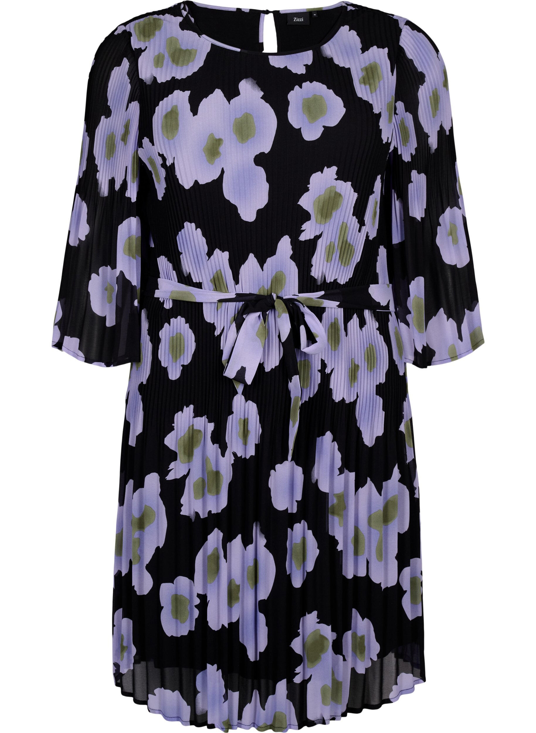 Zizzi Pliseerattu mekko nauhalla, Black w. Floral, Packshot image number 0