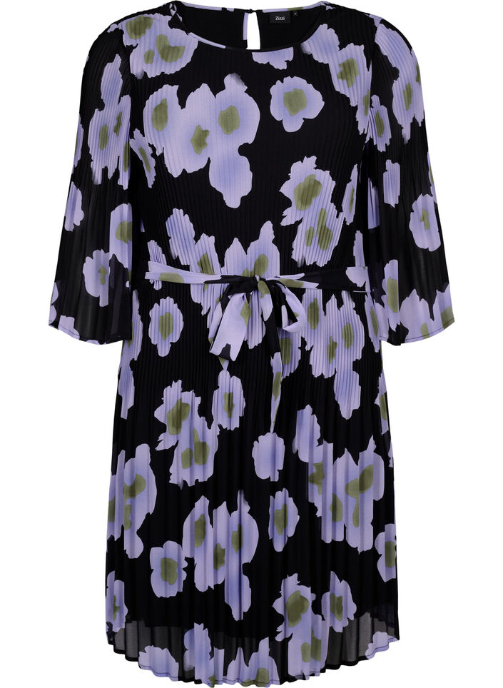 Pliseerattu mekko nauhalla, Black w. Floral, Packshot image number 0
