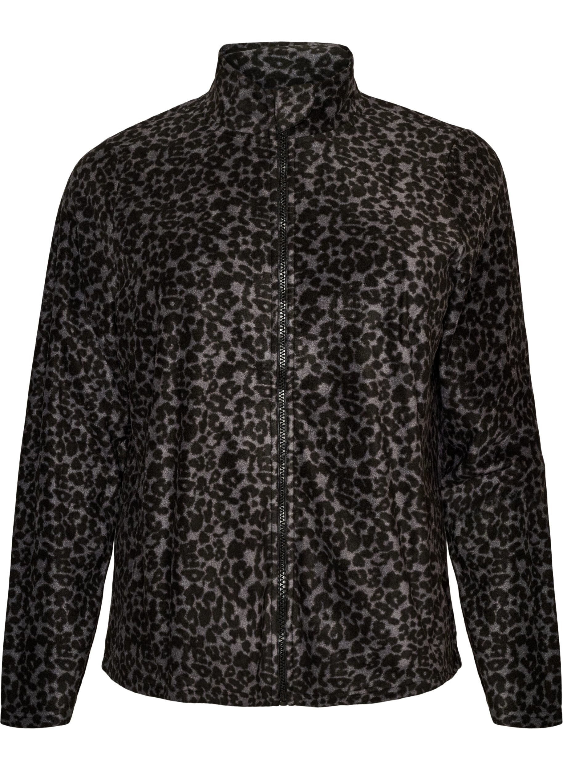 ZizziFleece-takki leopardikuosilla ja korkealla kauluksella, Musta, Packshot image number 0