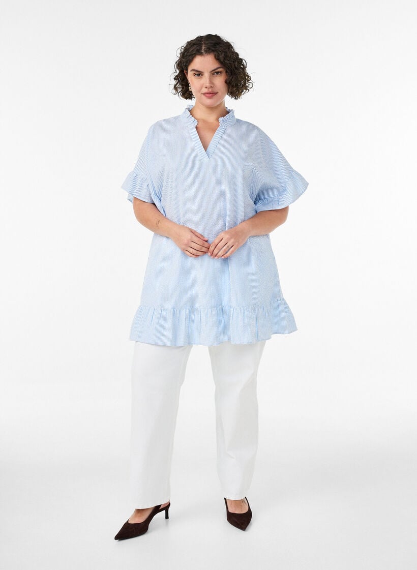 Puuvillatunika raidoilla ja r&ouml;yhel&ouml;yksityiskohdilla, Sininen, Model image number 1