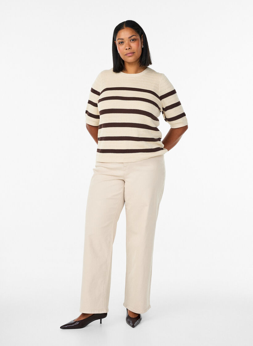 Raidallinen neulepusero lyhyill&auml; hihoilla, Vanilja, Model image number 1